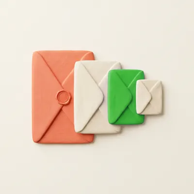 Four clay envelopes of different sizes fanned in a row