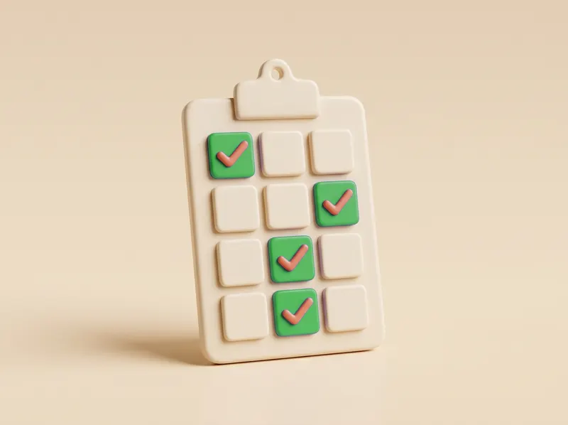 Clay clipboard holding a grid of requirement tiles, three checked